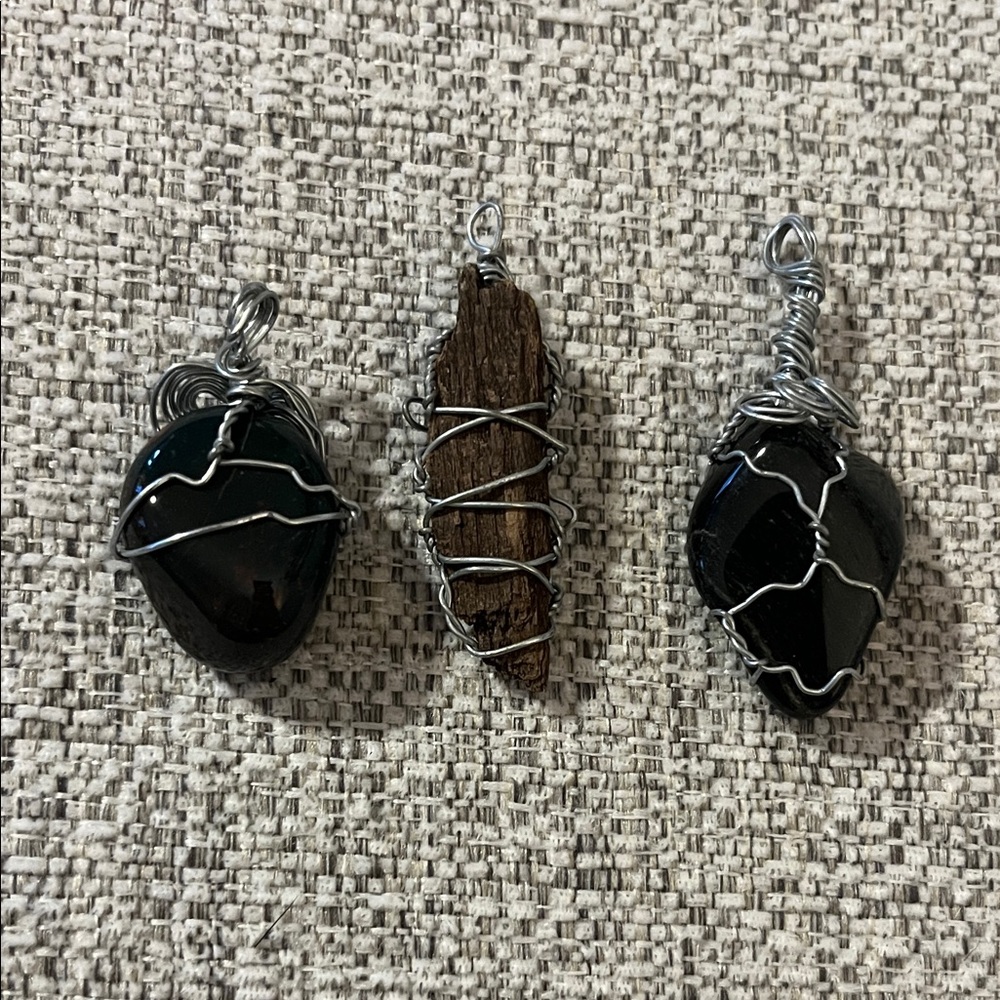 Handcrafted Wire-Wrapped Obsidian Black Stone & Petrified‎ Wood Pendant Set